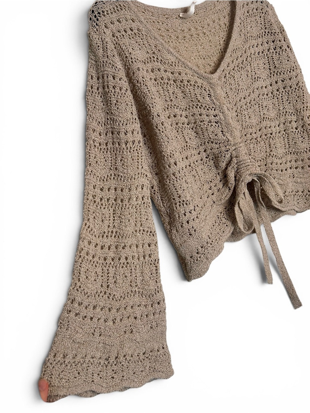 Wishlist Taupe Crochet Adjustable Drawstring V-Neck Sweater - Picture 3 of 4